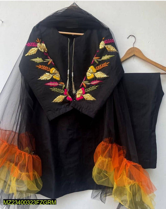3Pcs Embroidered Katan Silk Suit